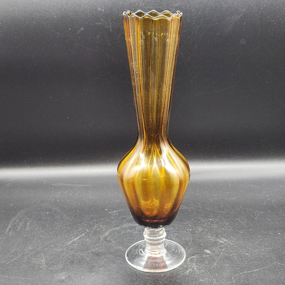 Vintage Amber Optic Ribbed Glass Bud Vase Scalloped Rim Clear Pedestal Base MCM